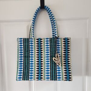 Maria Victoria Maya Woven Mexico Upcycle Plastic Blue Gold Tote Zipper